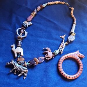 Animal Safari Themed Beaded Necklace And Bracelet, Carved Wood, Stone, Mom's Day